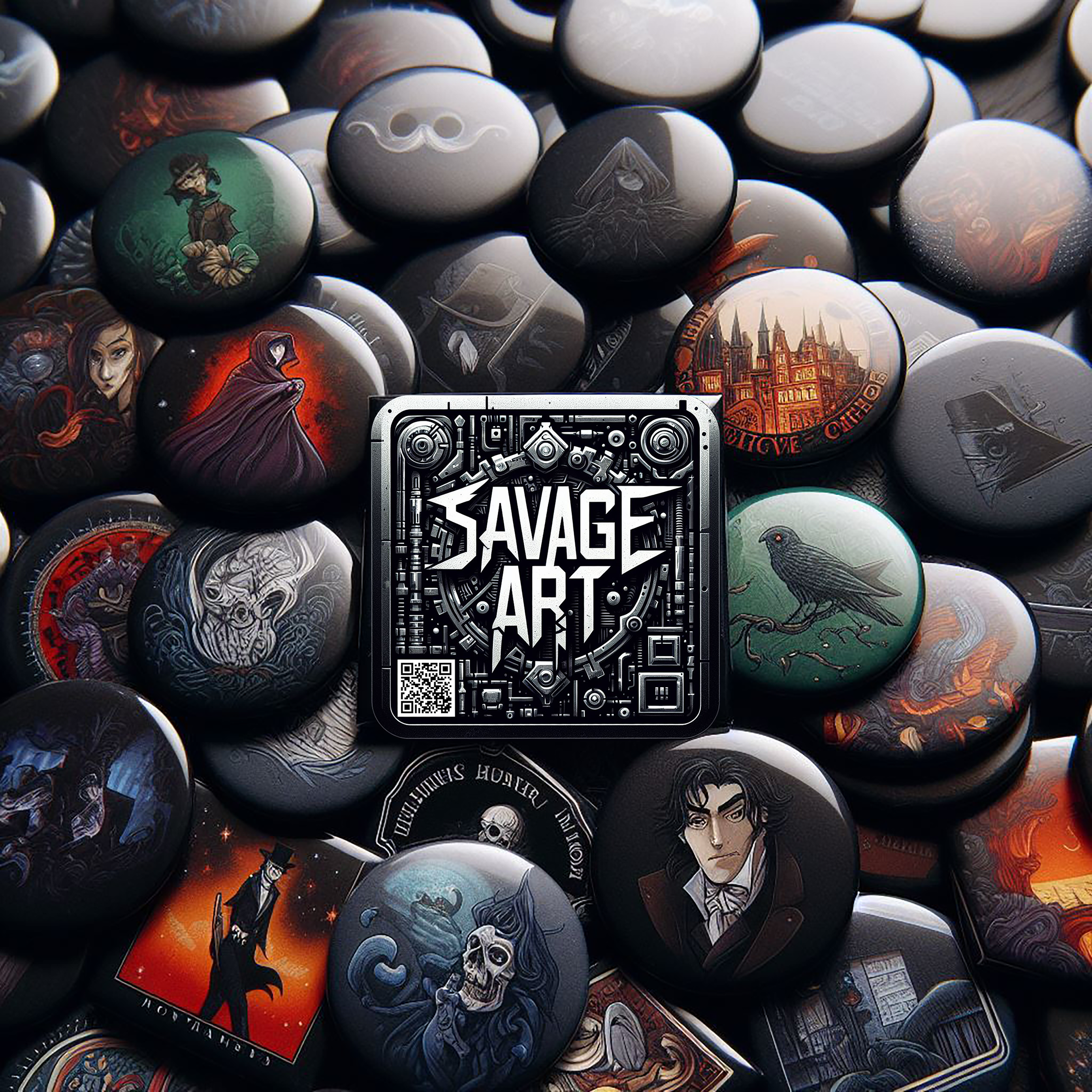 Collection of gothic and artistic pin badges arranged around the SavageArt branded badge